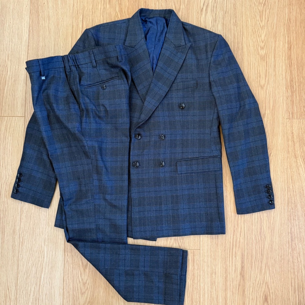 French Crown Suit Mens 42 34x31.5 Gray Blue Plaid Double Breasted AMAZING Wool